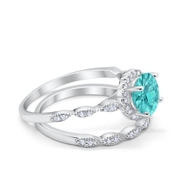 Two Piece Halo Wedding Ring Round Simulated Paraiba Tourmaline CZ 925 Sterling Silver
